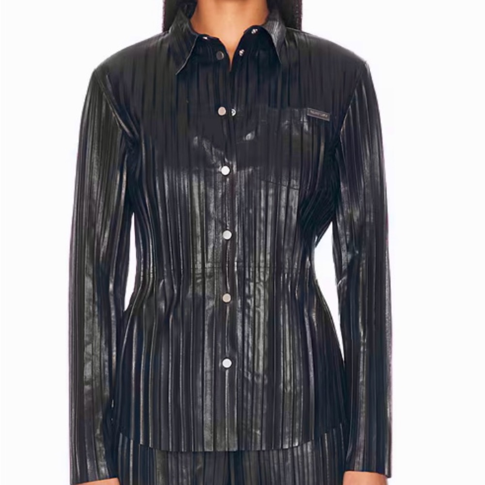 NWT Helmut Lang Black Pleated Leather Button-Front Shirt, Size M Retail $1095